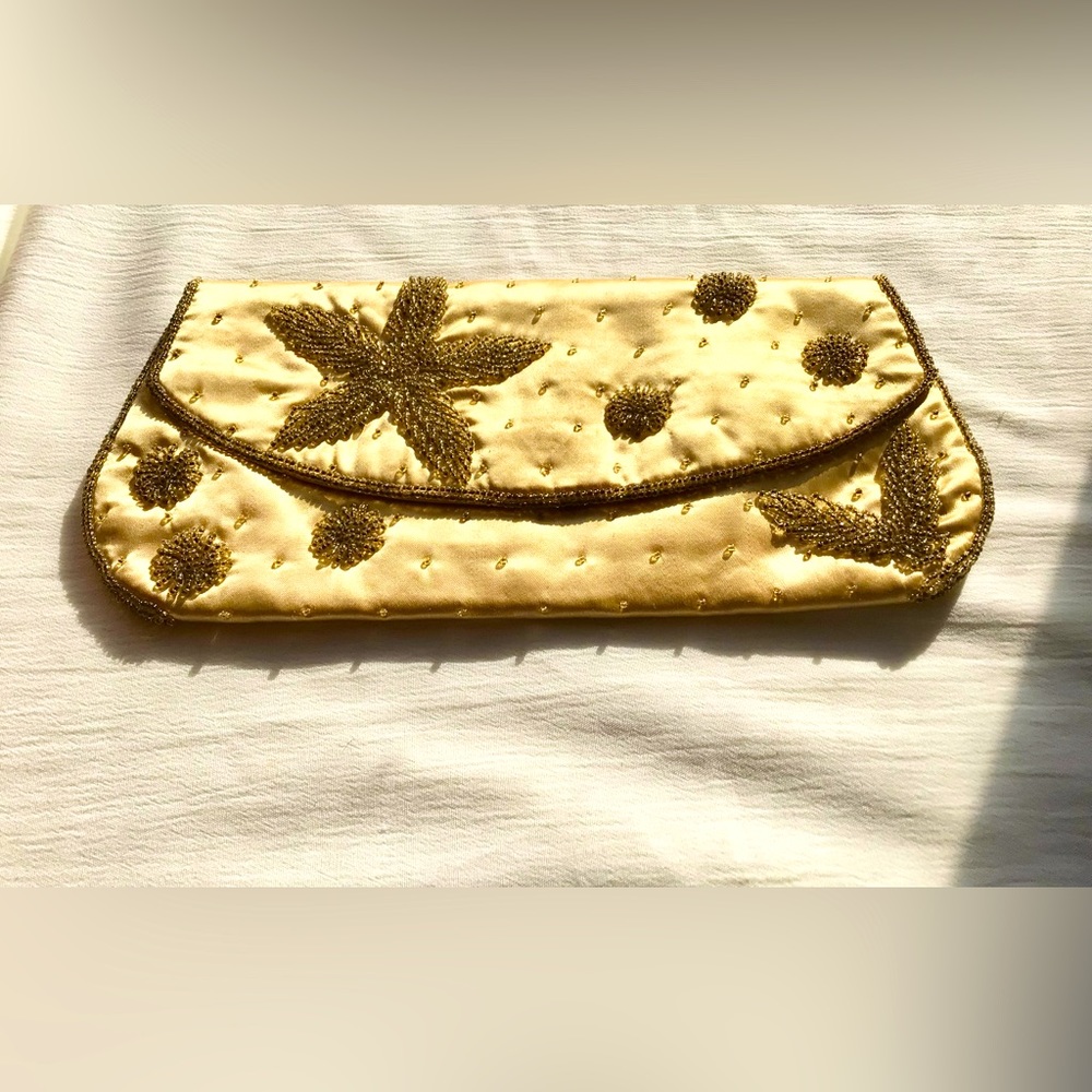 Satin Bag made in Japan by Sharonee vintage gold bag w/gold flower beading